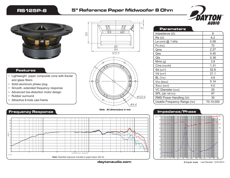 Dayton Audio RS125P-8 5" Reference Paper Woofer 8 Ohm User Manual | 1 page