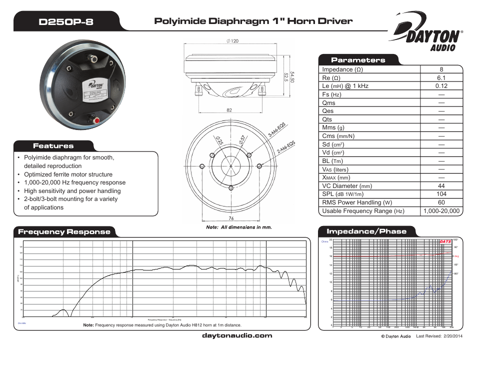 Dayton Audio D250P-8 1" Polyimide Compression Horn Driver User Manual | 1 page
