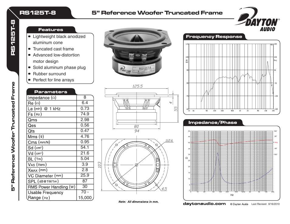 Dayton Audio RS125T-8 5" Reference Woofer Truncated Frame 8 Ohm User Manual | 1 page