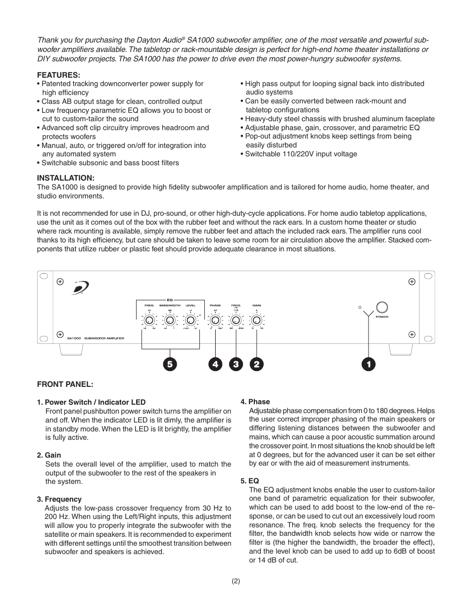 Dayton Audio SA1000 Subwoofer Amplifier Rack Mountable User Manual | Page 2 / 4