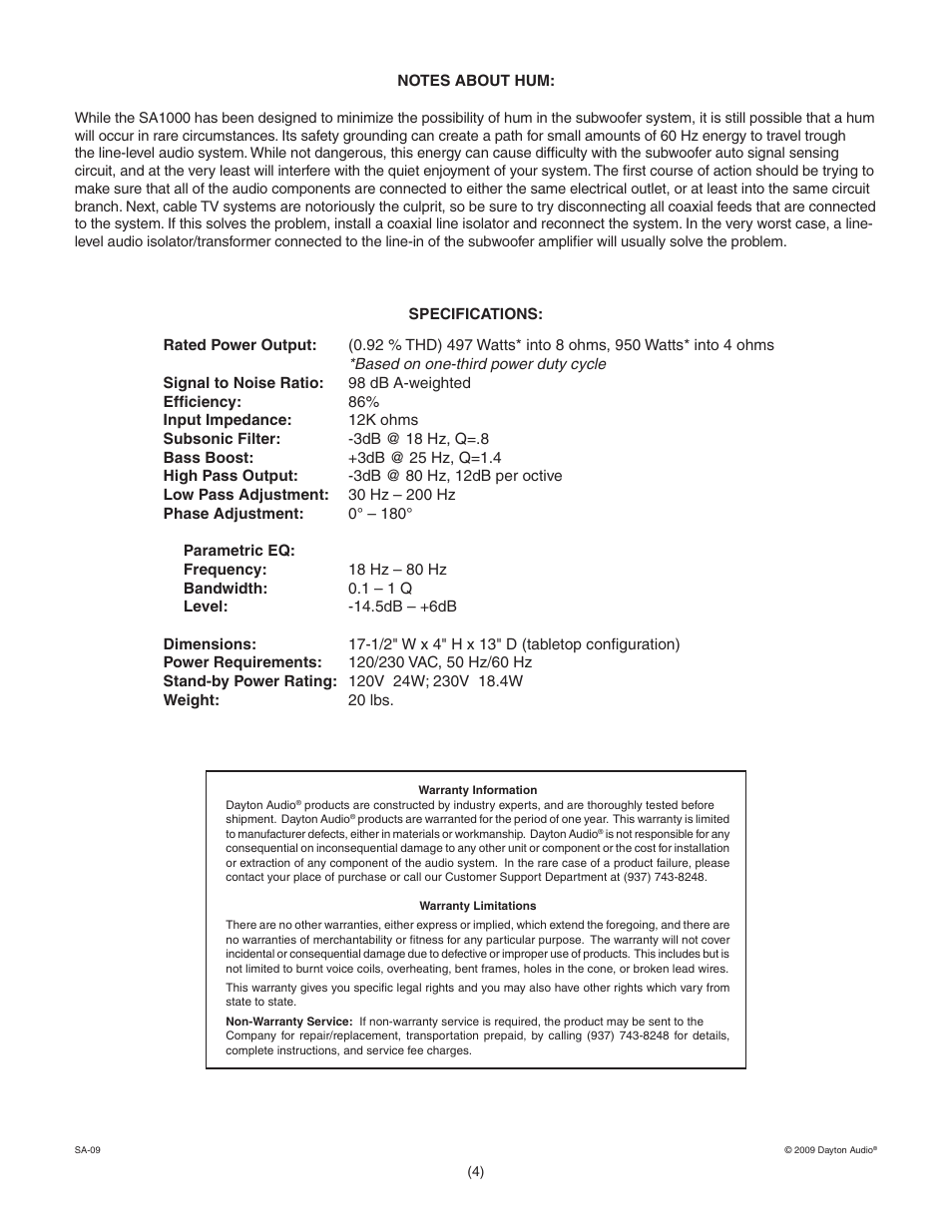 Dayton Audio SA1000 Subwoofer Amplifier Rack Mountable User Manual | Page 4 / 4