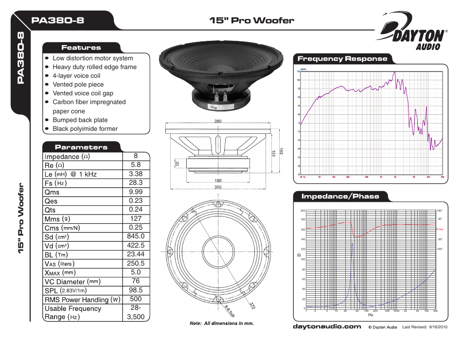 Dayton Audio PA380-8 15" Pro Woofer User Manual | 1 page