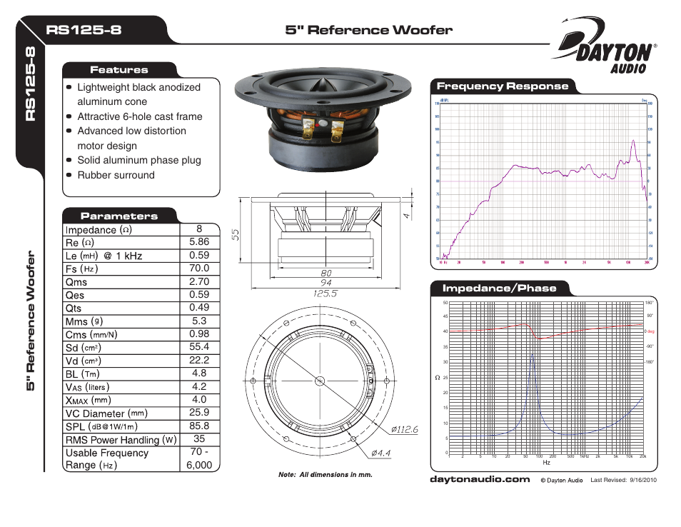 Dayton Audio RS125-8 5" Reference Woofer 8 Ohm User Manual | 1 page