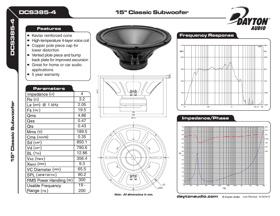 Dayton Audio DCS385-4 15" Classic Subwoofer 4 Ohm User Manual | 1 page