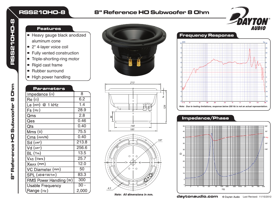 Dayton Audio RSS210HO-8 8" Reference HO Subwoofer 8 Ohm User Manual | 1 page