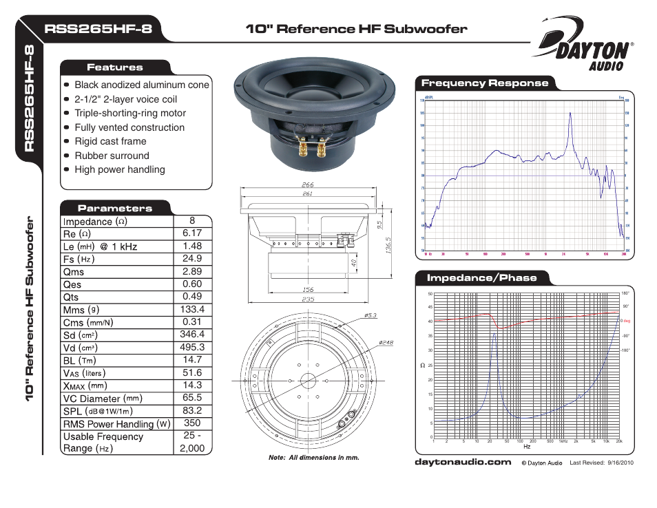 Dayton Audio RSS265HF-8 10" Reference HF Subwoofer 8 Ohm User Manual | 1 page