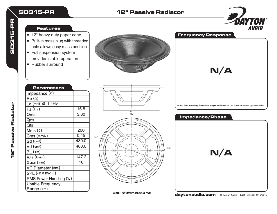 Dayton Audio SD315-PR 12" Passive Radiator User Manual | 1 page