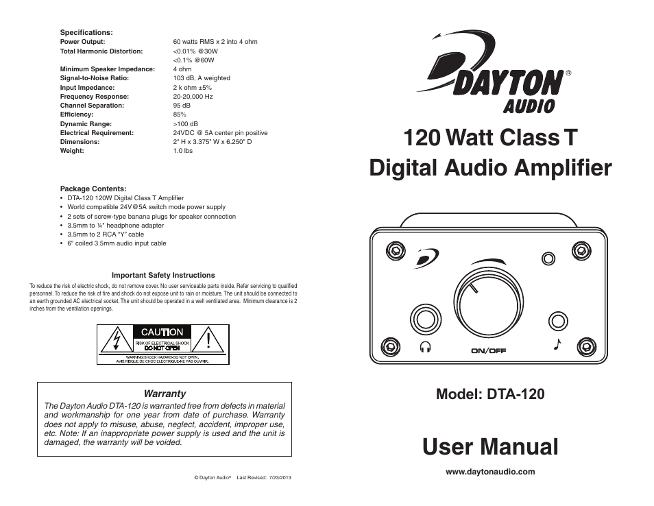 Dayton Audio DTA-120 Class T Digital Mini Amplifier 60 WPC User Manual | 2 pages