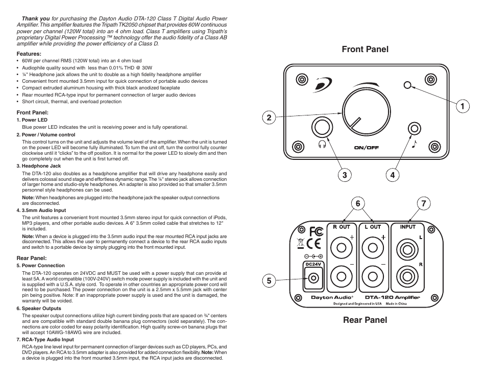 Front panel rear panel | Dayton Audio DTA-120 Class T Digital Mini Amplifier 60 WPC User Manual | Page 2 / 2