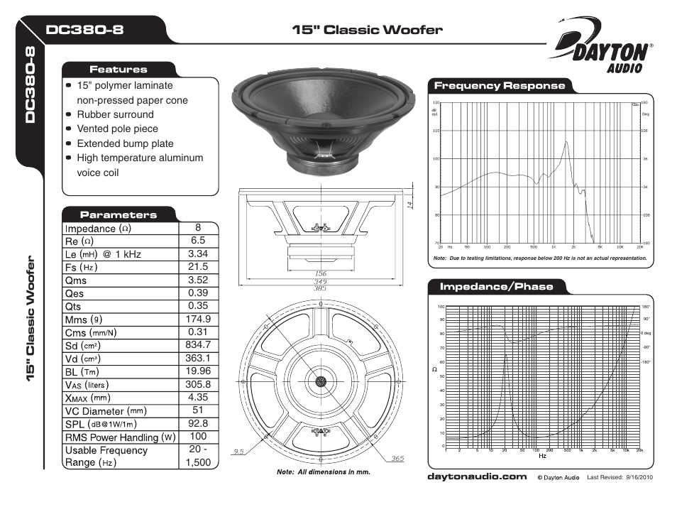 Dayton Audio DC380-8 15" Classic Woofer 8 Ohm User Manual | 1 page