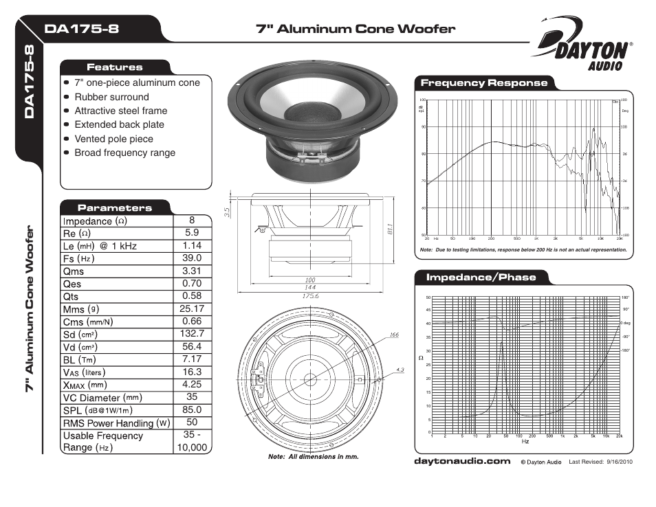 Dayton Audio DA175-8 7" Aluminum Cone Woofer User Manual | 1 page