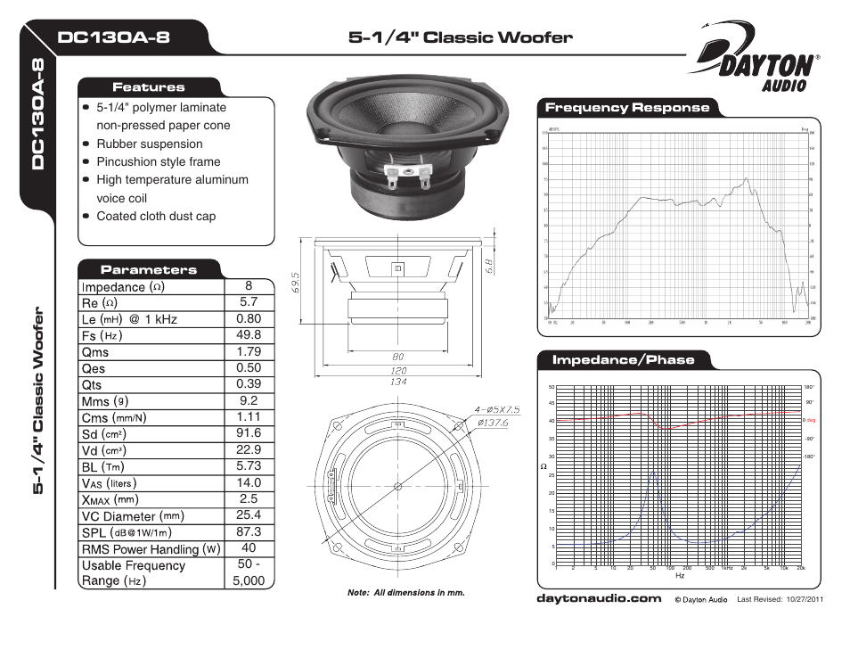 Dayton Audio DC130A-8 5-1 User Manual | 1 page