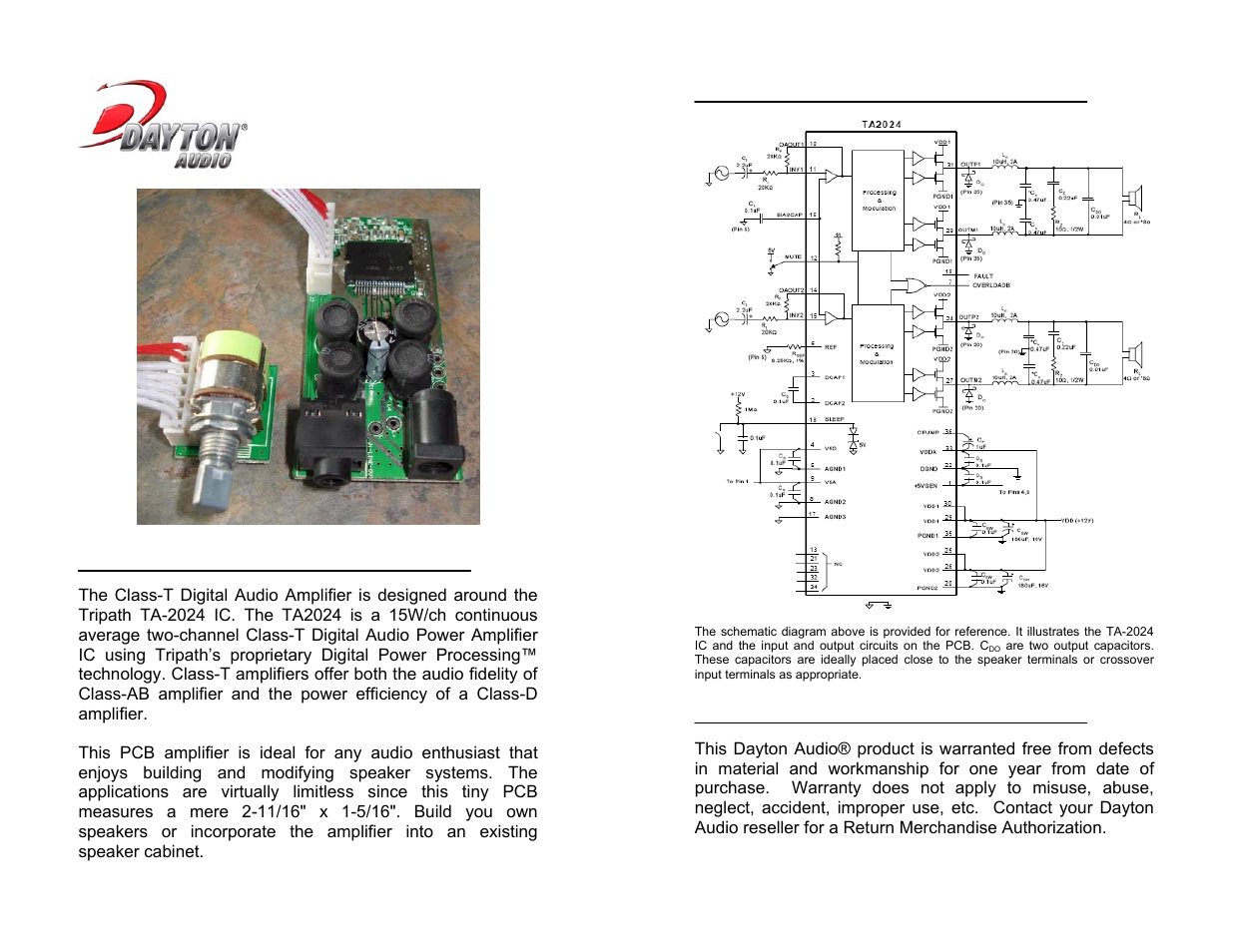 Dayton Audio DTA-2 Class T Digital Audio Amplifier Module User Manual | 2 pages