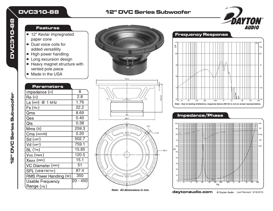 Dayton Audio DVC310-88 12" DVC Series Subwoofer User Manual | 1 page