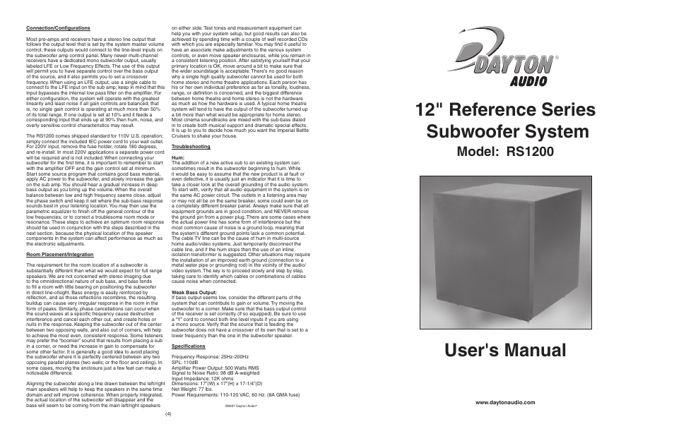 Dayton Audio RS1200K 12" Reference Series Subwoofer Kit User Manual | 2 pages