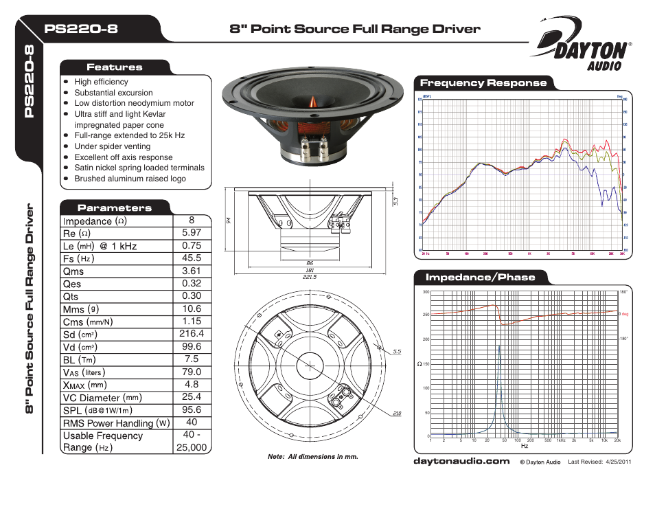 Dayton Audio PS220-8 8" Point Source Full-Range Neo Driver User Manual | 1 page
