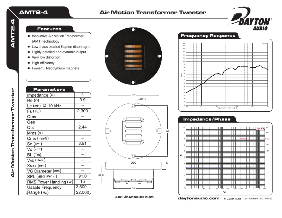 Dayton Audio AMT2-4 Air Motion Transformer Tweeter 4 Ohm User Manual | 1 page
