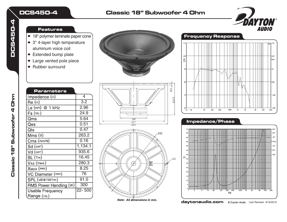 Dayton Audio DCS450-4 18" Classic Subwoofer 4 Ohm User Manual | 1 page