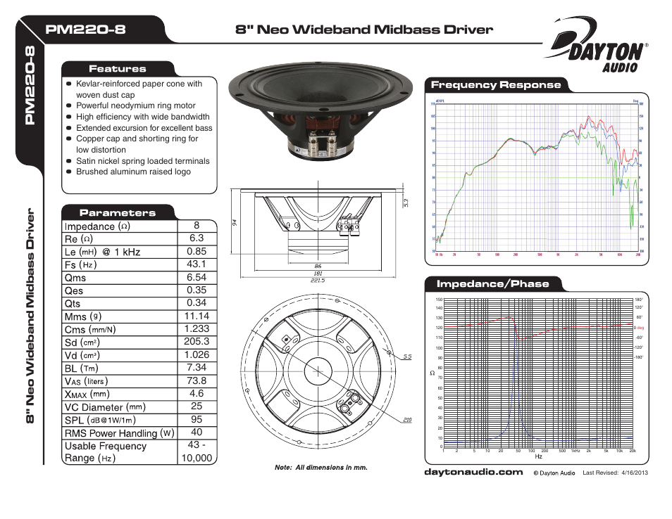 Dayton Audio PM220-8 8" Neo Wideband Midbass Driver User Manual | 1 page