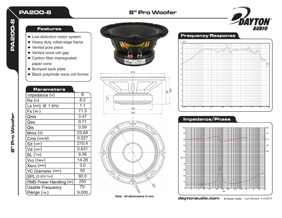 Dayton Audio PA200-8 8ԠPA Woofer User Manual | 1 page