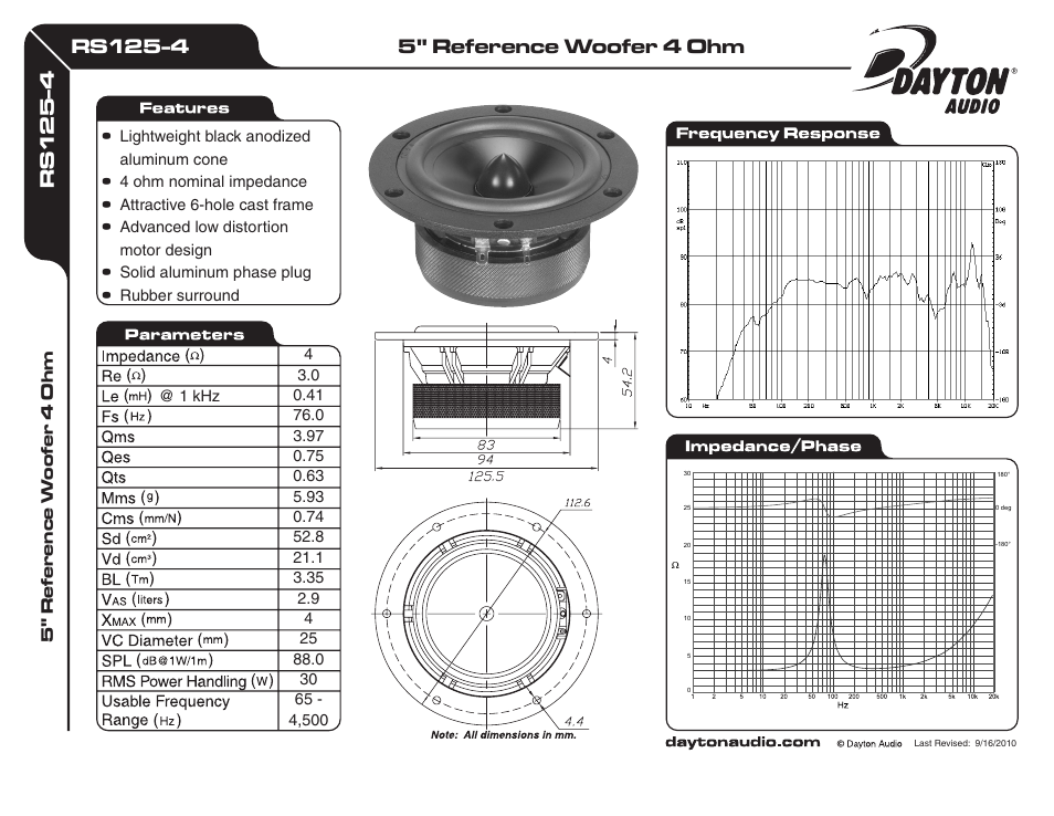 Dayton Audio RS125-4 5" Reference Woofer 4 Ohm User Manual | 1 page