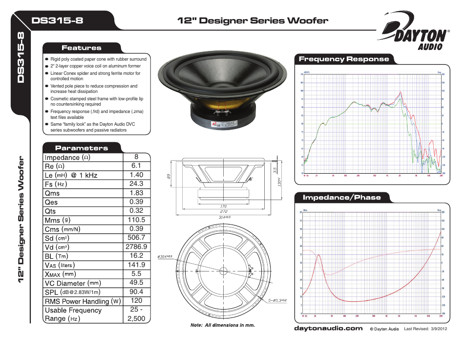 Dayton Audio DS315-8 12" Designer Series Woofer Speaker User Manual | 1 page