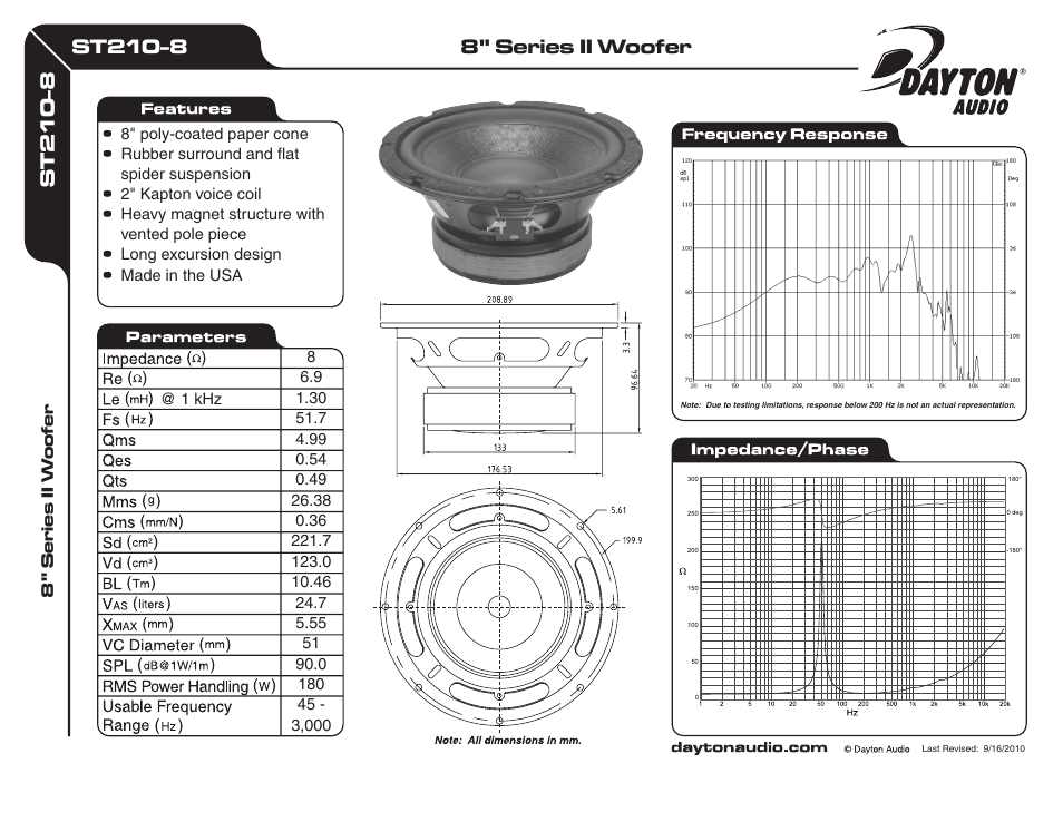 Dayton Audio ST210-8 8" Series II Woofer User Manual | 1 page
