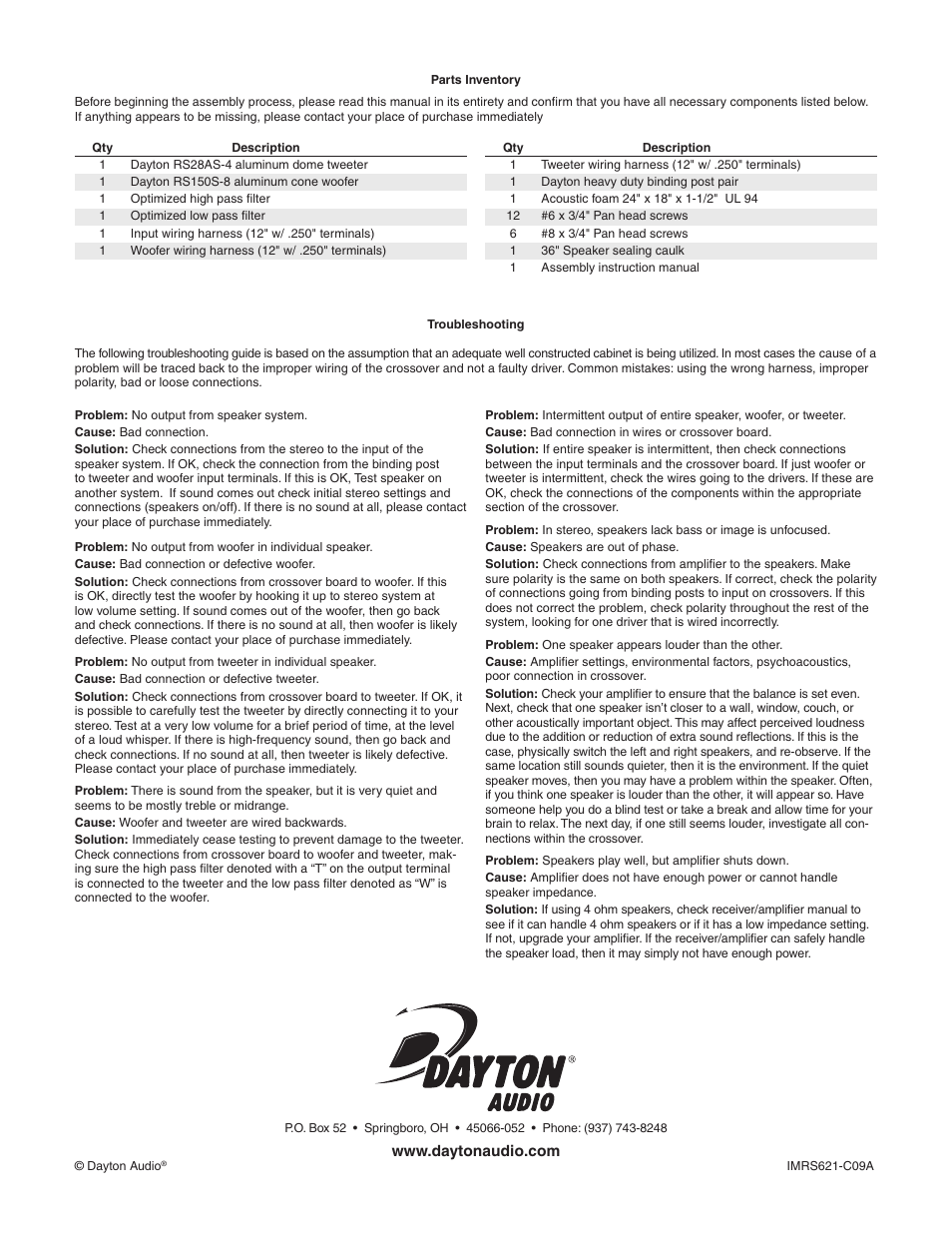 Dayton Audio RS621 Speaker Kit w User Manual | Page 2 / 2