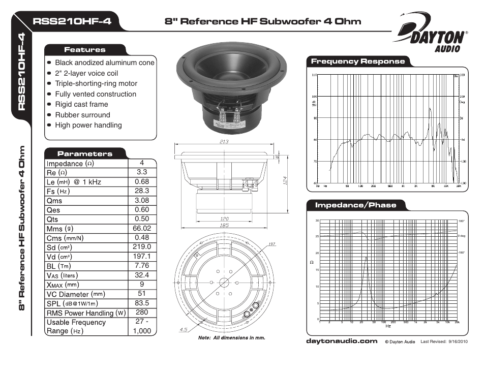 Dayton Audio RSS210HF-4 8" Reference HF Subwoofer 4 Ohm User Manual | 1 page