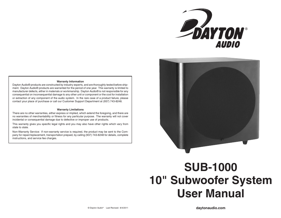 Dayton Audio SUB-1000 10" 100 Watt Powered Subwoofer User Manual | 2 pages