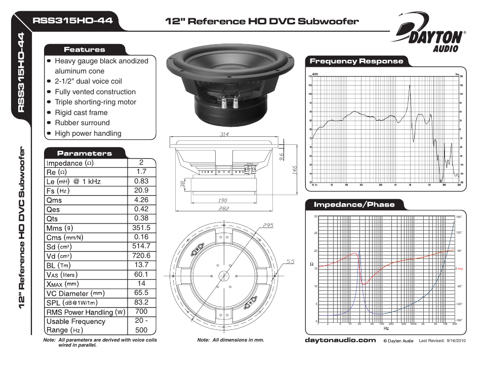 Dayton Audio RSS315HO-44 12" Reference HO DVC Subwoofer 2 Ohm User Manual | 1 page