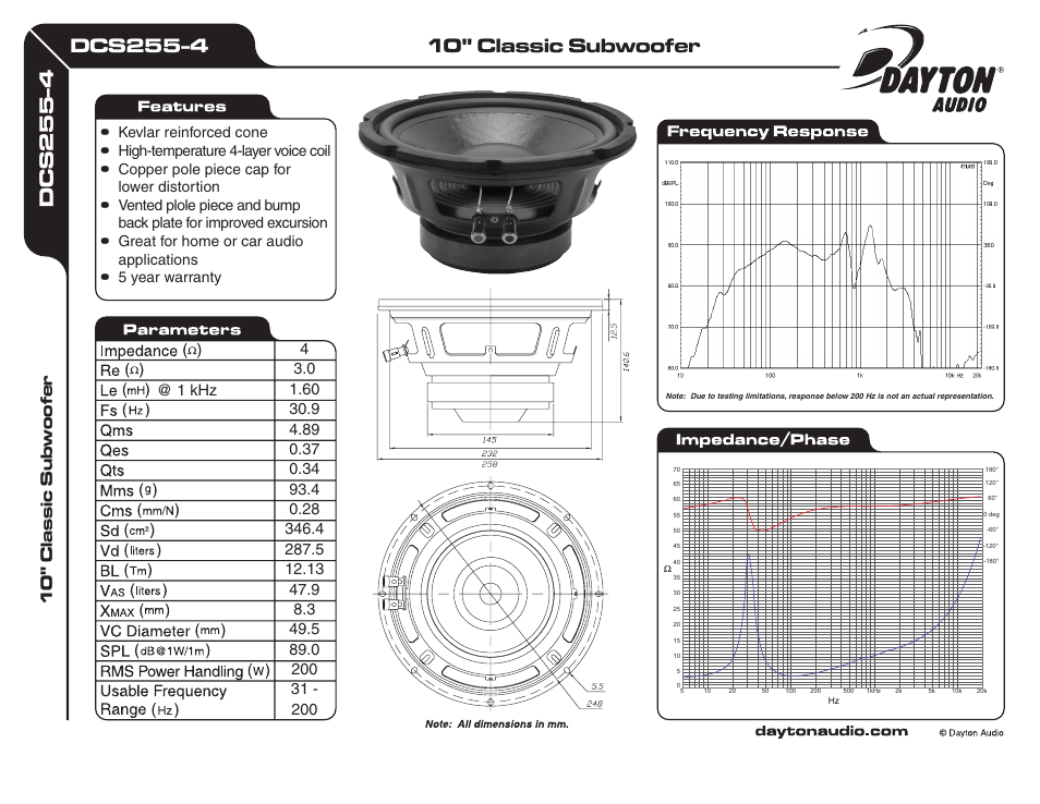Dayton Audio DCS255-4 10" Classic Subwoofer 4 Ohm User Manual | 1 page