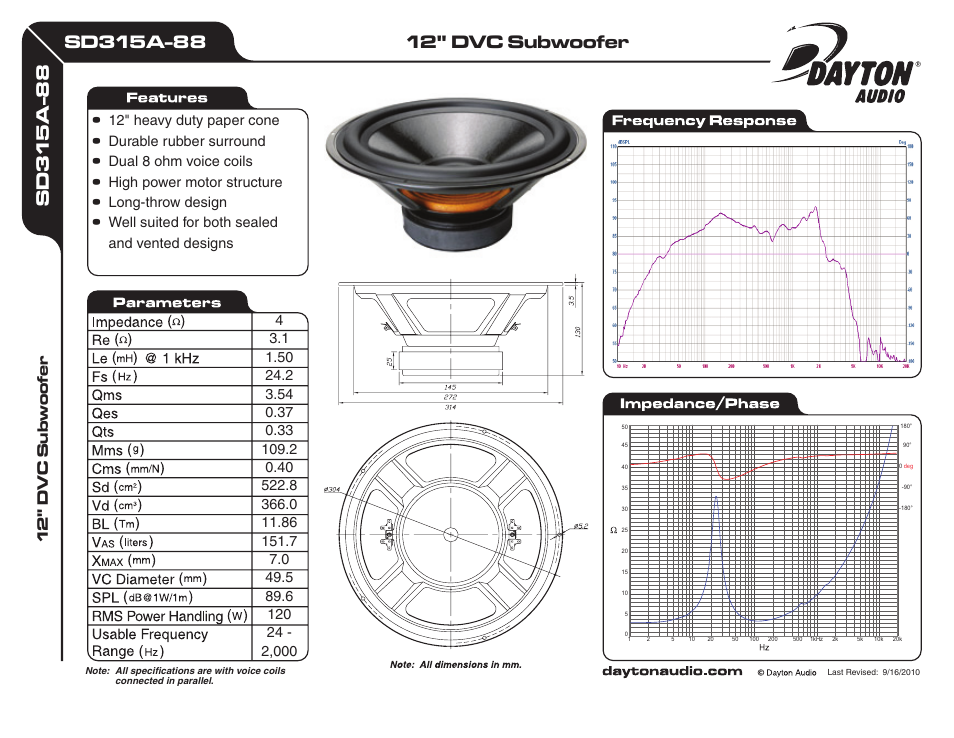 Dayton Audio SD315A-88 12" DVC Subwoofer User Manual | 1 page