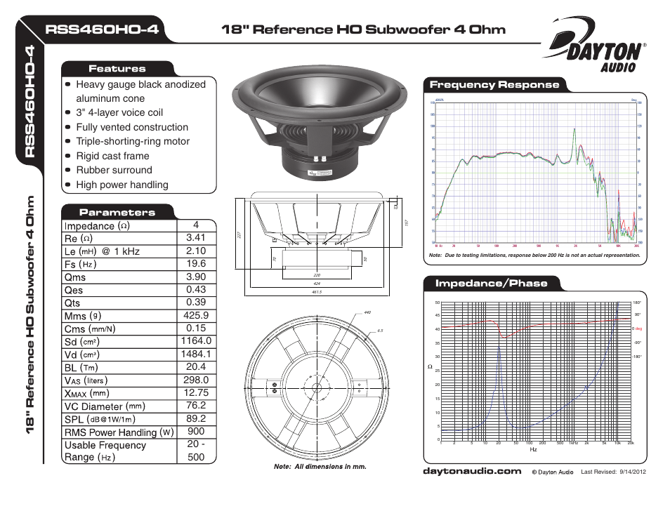 Dayton Audio RSS460HO-4 18" Reference HO Subwoofer 4 Ohm User Manual | 1 page