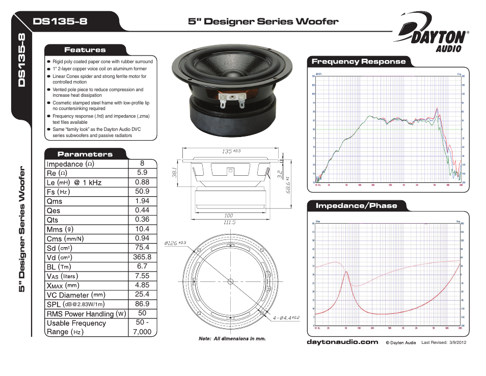 Dayton Audio DS135-8 5" Designer Series Woofer Speaker User Manual | 1 page