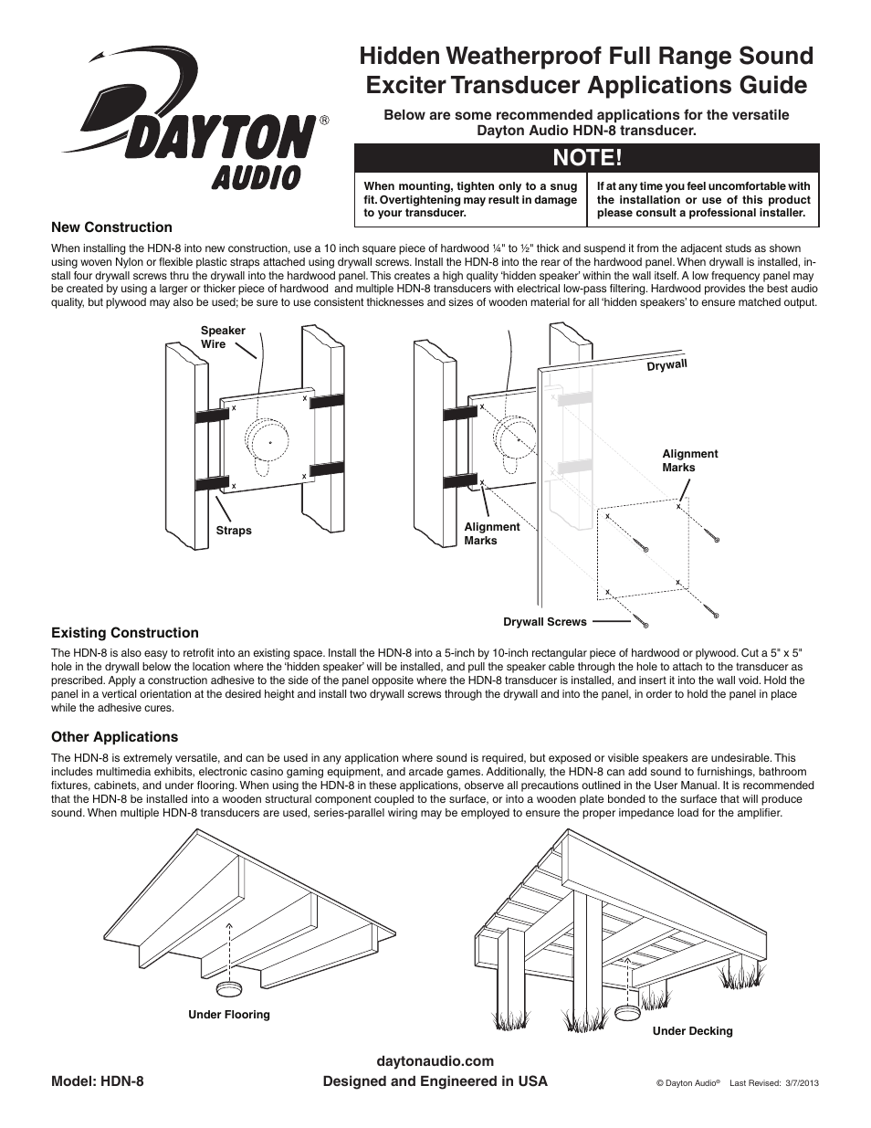 Dayton Audio HDN-8 Weatherproof Sound Exciter Transducer User Manual | 1 page