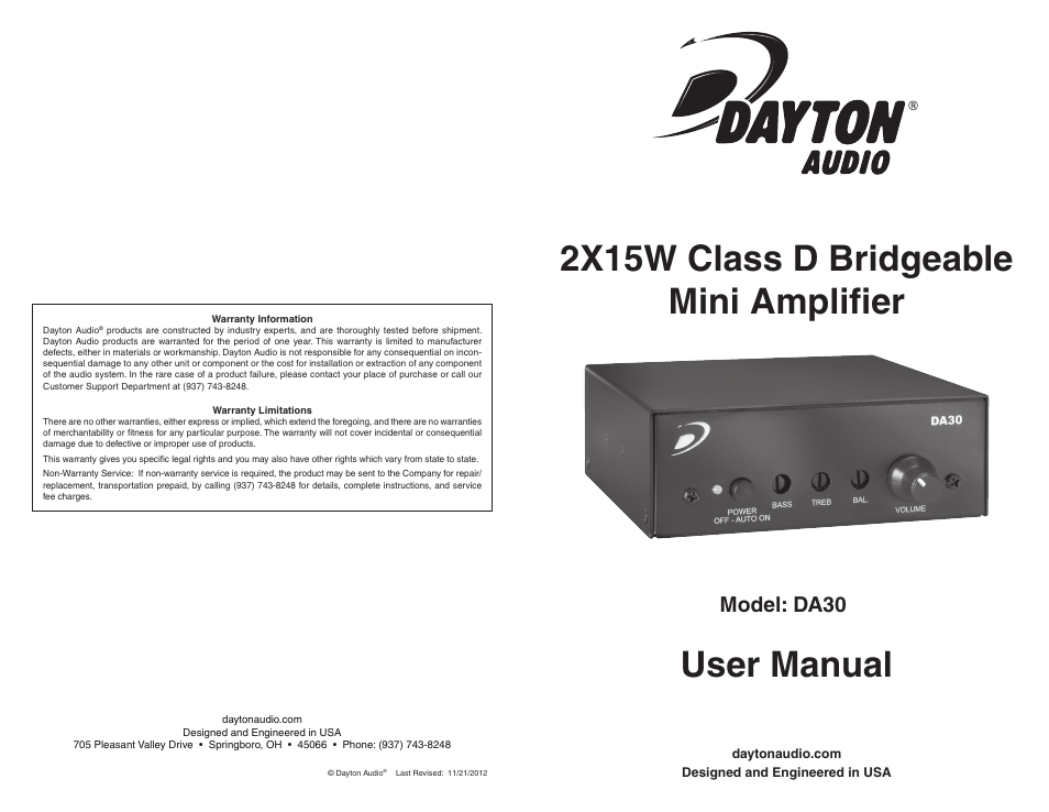 Dayton Audio DA30 2X15W Class D Bridegable Mini Amplifier User Manual | 2 pages