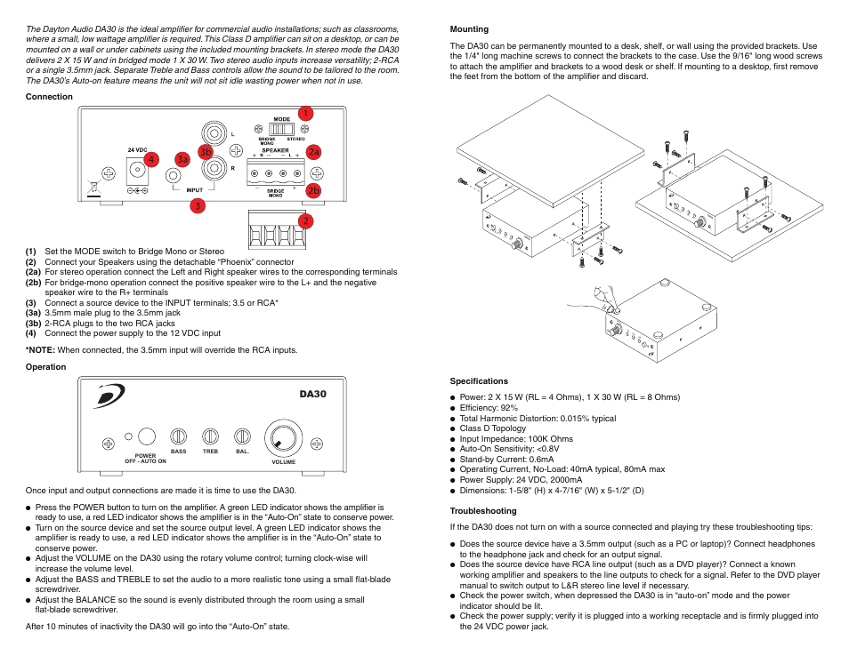 Volume bas s tre b bal . powe r off-aut o on, Vol ume bas s treb bal . powe r off-aut o on, Volume bas s treb bal | Dayton Audio DA30 2X15W Class D Bridegable Mini Amplifier User Manual | Page 2 / 2