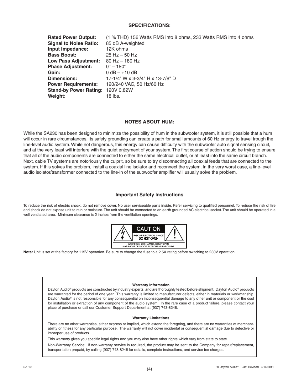 Dayton Audio SA230 230W Subwoofer Amplifier User Manual | Page 4 / 4