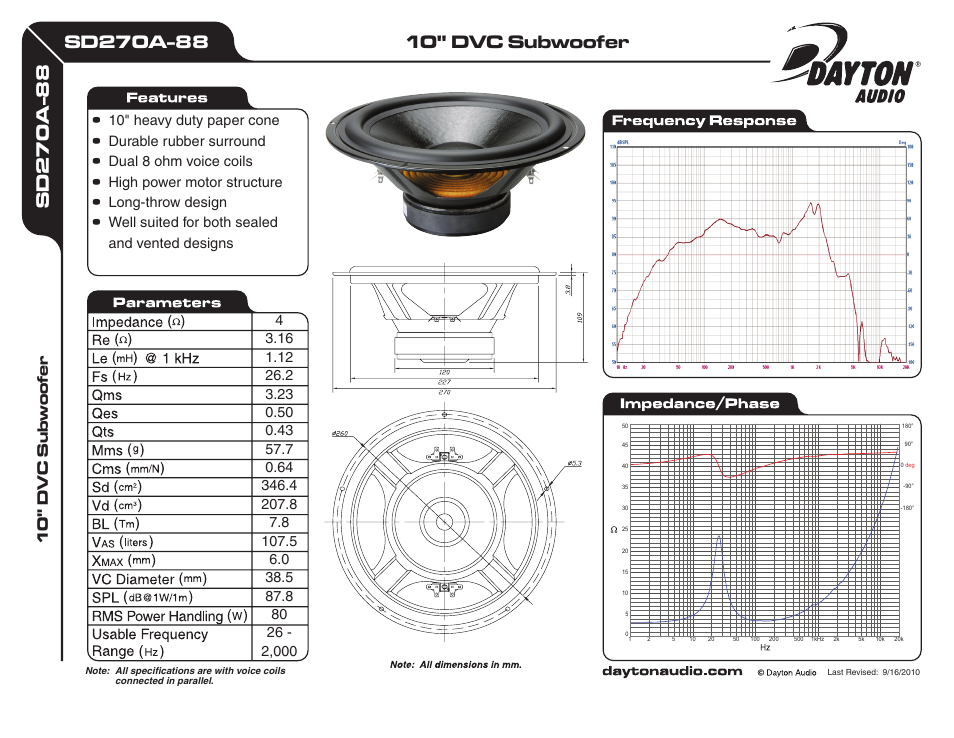 Dayton Audio SD270A-88 10" DVC Subwoofer User Manual | 1 page