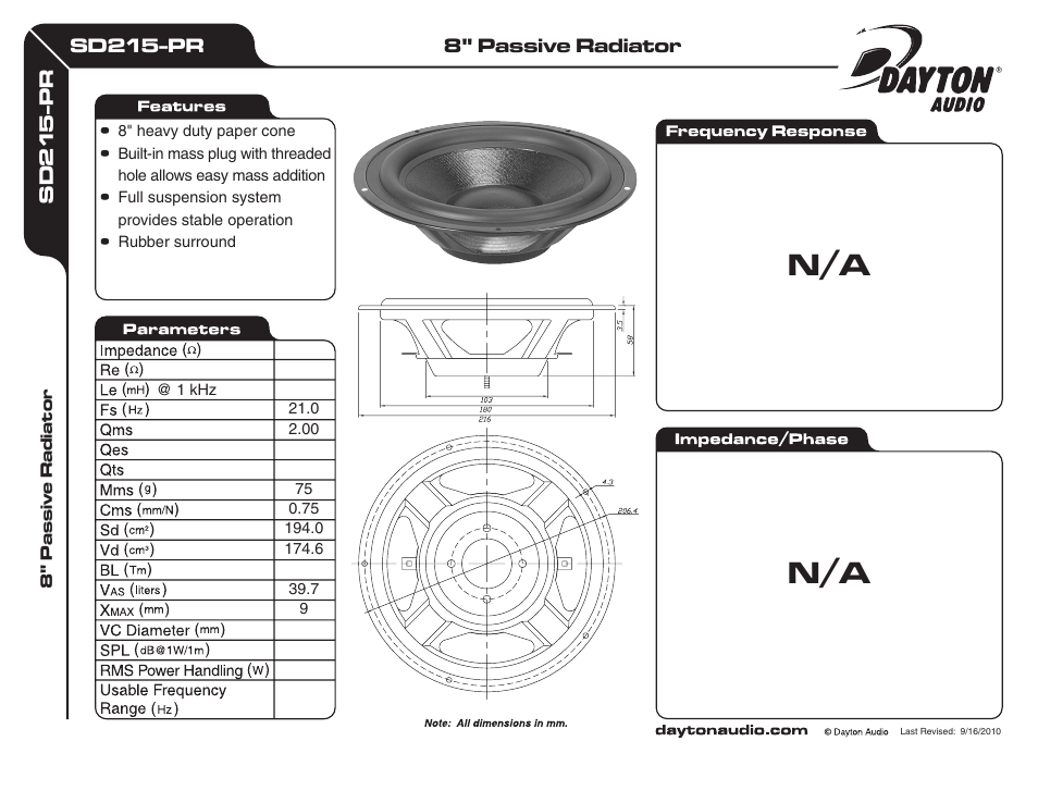 Dayton Audio SD215-PR 8" Passive Radiator User Manual | 1 page