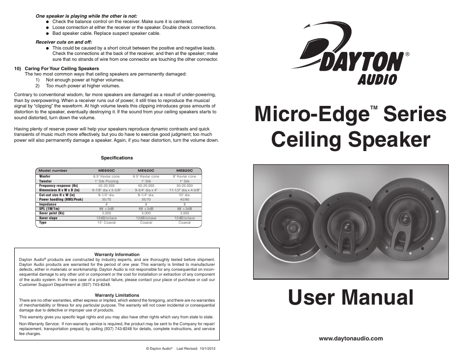 Dayton Audio ME820C 8" Coaxial Ceiling Speaker Pair User Manual | 2 pages