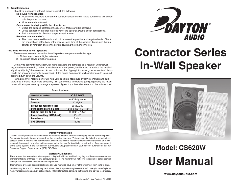 Dayton Audio CS620W 6-1 User Manual | 2 pages