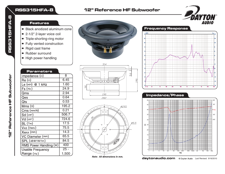 Dayton Audio RSS315HFA-8 12" Reference HF Subwoofer 8 Ohm User Manual | 1 page