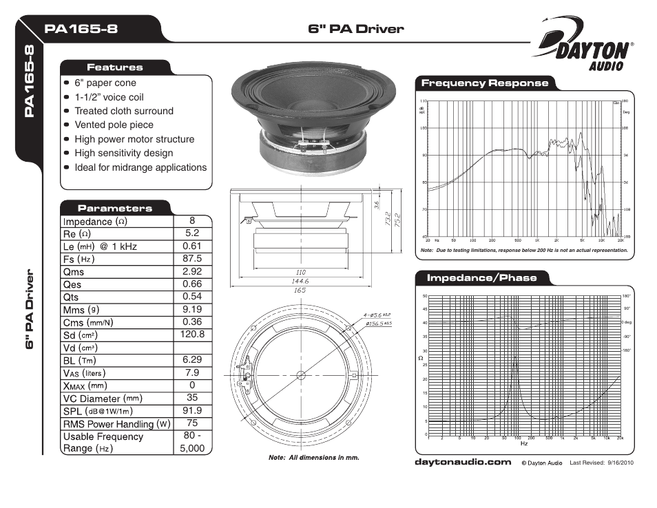 Dayton Audio PA165-8 6" PA Driver Speaker User Manual | 1 page