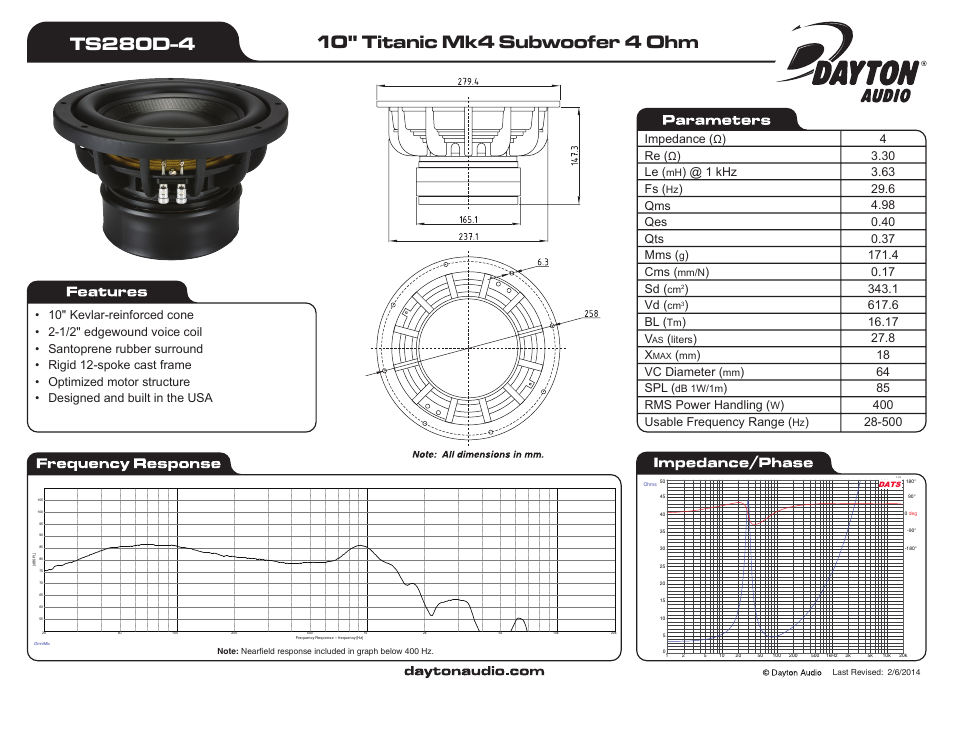 Dayton Audio TS280D-4 10" Titanic Mk 4 Subwoofer 4 Ohm User Manual | 1 page