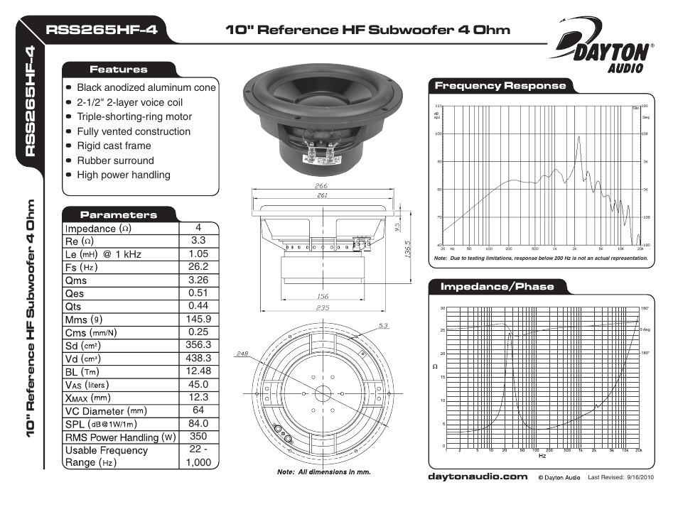 Dayton Audio RSS265HF-4 10" Reference HF Subwoofer 4 Ohm User Manual | 1 page