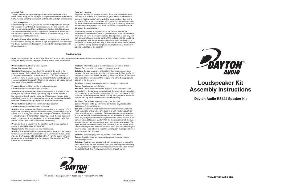 Dayton Audio RS722CK Speaker Kit Cherry User Manual | 2 pages