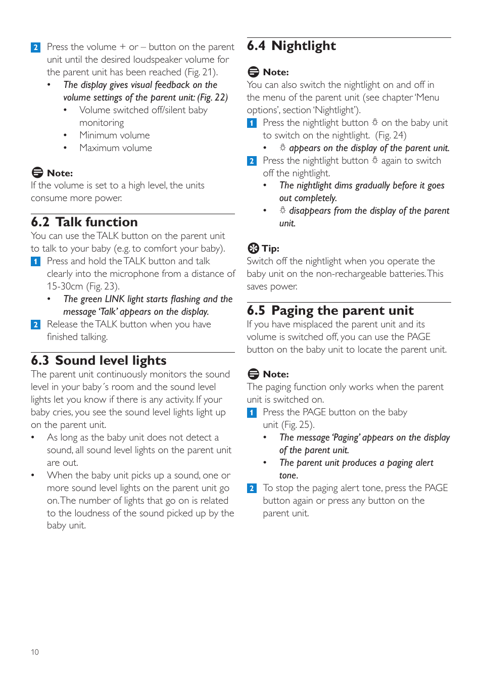 4 nightlight, 5 paging the parent unit, 2 talk function | 3 sound level lights | Philips SCD525 User Manual | Page 10 / 252