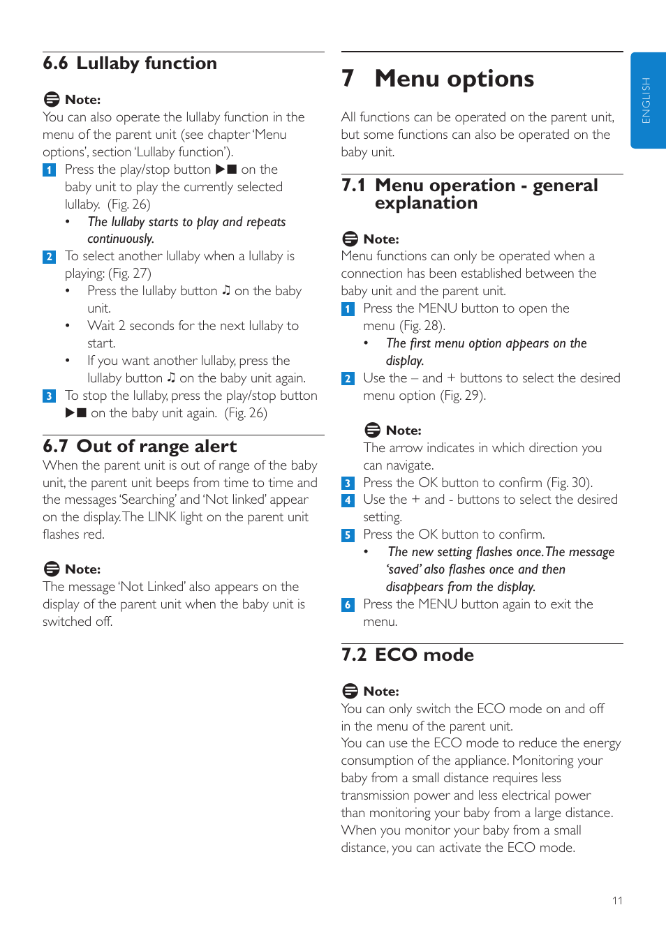 7 menu options, 1 menu operation - general explanation, 2 eco mode | 6 lullaby function, 7 out of range alert | Philips SCD525 User Manual | Page 11 / 252